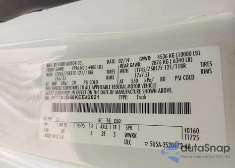 2019 Ford F-250 Xl из США, поврежденный, VIN 1FT7X2B66KEE42021